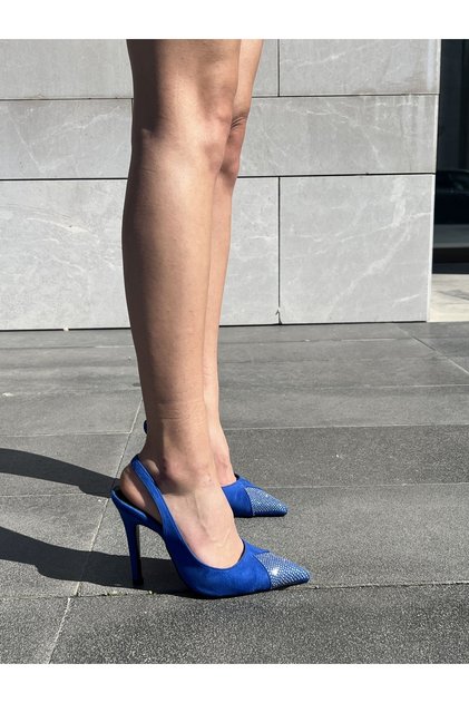 Jen Stone Detailed Cobalt Blue Suet 10 cm Women's Stiletto, Heeled Shoes