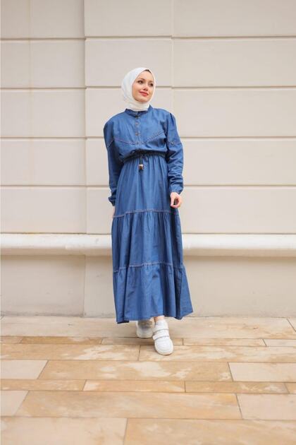 Women's Hijab Guipure Detailed Denim Dress