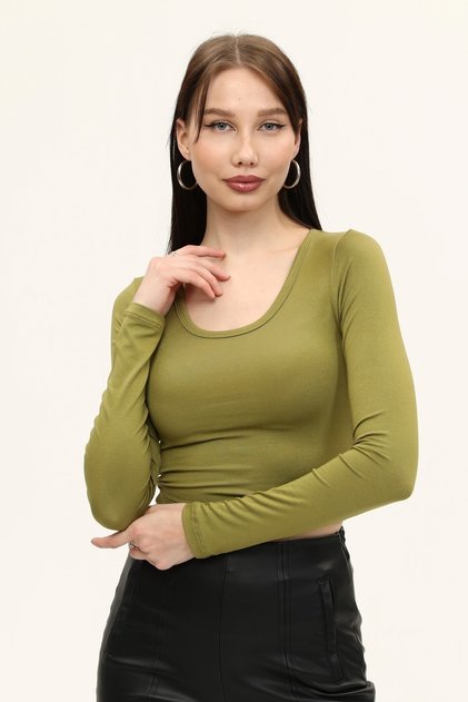 Women's Oil Green Crew Neck Long Sleeve Crop Blouse
