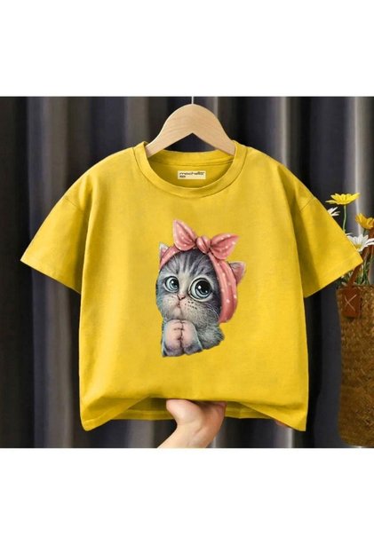 Kids Sweet Bow Cat Printed Oversize Children's T-shirt