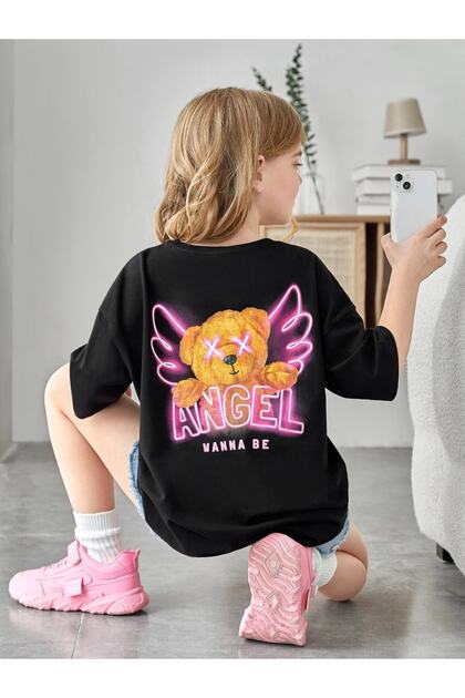 Oversize Black Kids T-shirt with Angel Wings Teddy Bear Printed