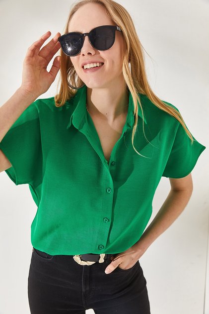 Women's Grass Green Bat Oversize Linen Shirt GML-19001109