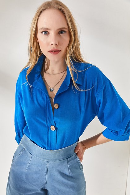 Women's Flamed Blue Wooden Buttoned Three-Quarter Sleeve Linen Shirt GML-19001095