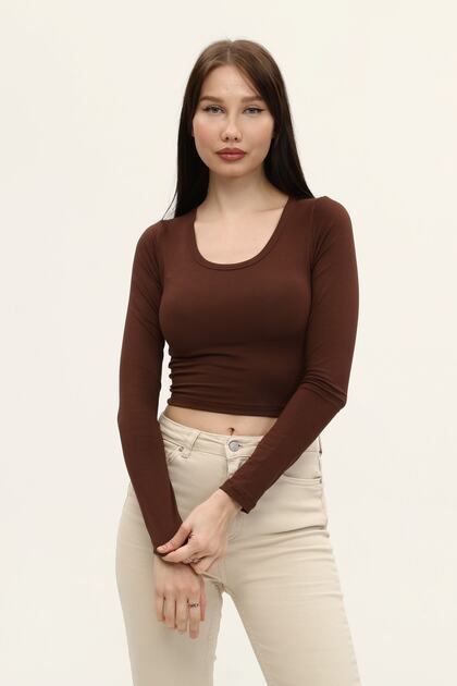 Women's Brown Crew Neck Long Sleeve Crop Blouse