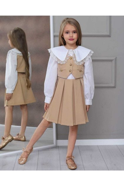 Girl's Special Design Collared Shirt, Vest and Skirt 3-Piece Top and Bottom Set