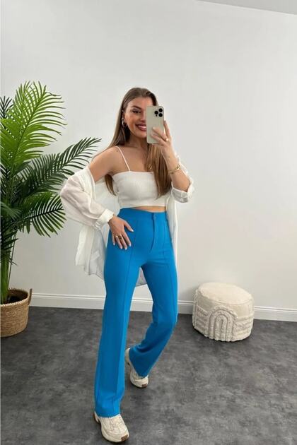 Stitched Quality Crepe Fabric Lycra Loose Trousers Turquoise