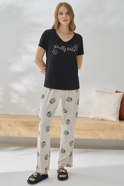 Kadın Siyah Baskılı Pijama Takımı