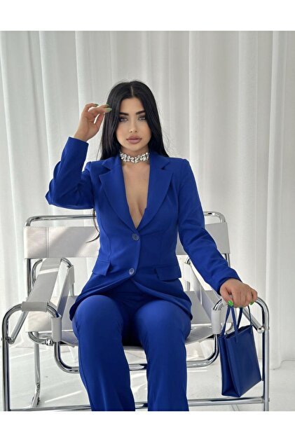 pembekurdelem Kadın Ceket Pantolon Takım Saks Mavi - Fiyatı, Yorumları