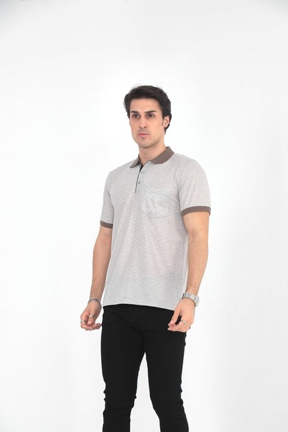 Dad Polo Neck Round Line Patterned T-Shirt with 3 Buttons on the Collar