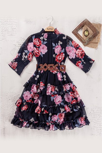 Teema Kids Luxury Suit Floral Print Girls' Dress with Belt