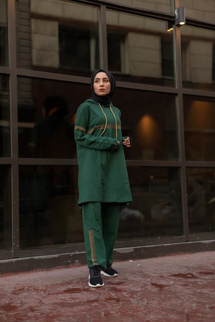 Women's Glitter Stripe Green Hijab Tracksuit Set