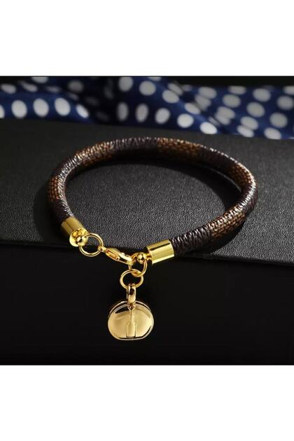 Trend Moda Brown Leather Strap Gold Gold Locked Bracelet