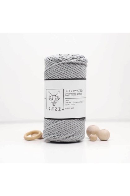 Cotton Rope Rope // 2mm // 3 Twist // Light Gray // 150 Gr