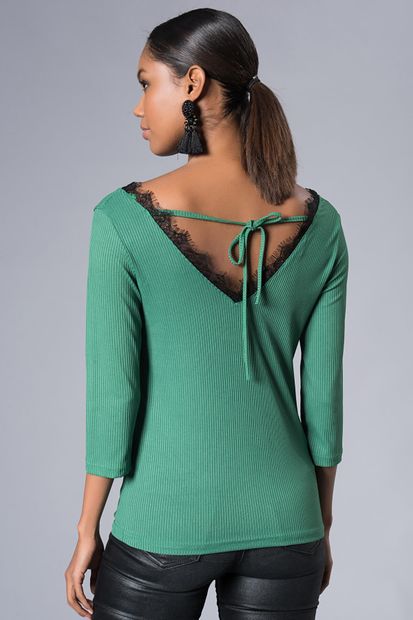 Cool & Sexy Kadın Yeşil Ön Arka V Dantelli Bluz KSD015 - 3