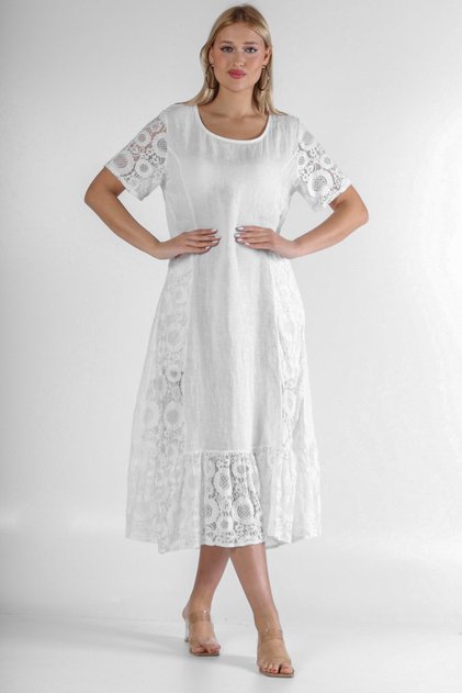 Italian White Round Neck Short Sleeve Pocket Sleeve And Hem Linen With Lace. Woven Dress