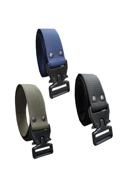 Tactical Style Plastic Buckle Cloth Bandolier Belt Set of 3 Black-dark blue-khaki