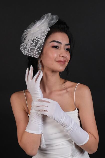 White Polka Dot Bridal Wedding Hat and Tassel Detailed Bridal Gloves