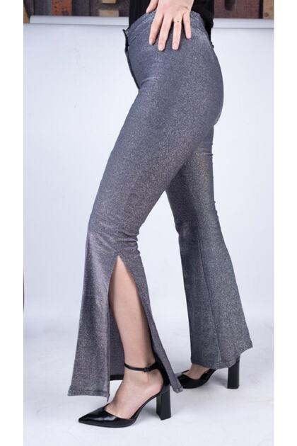 Modoo Tekstil Black Glitter Slit Flare Leg Trousers, Lined Evening Dress-  Trendyol