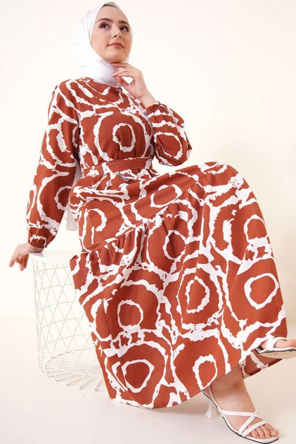 447 Patterned Hijab Dress Tan