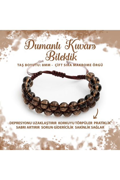 Certified Smoke Quartz 8mm Double Row Macrame Natural Stone Bracelet