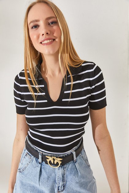 Women's Black Polo Neck Striped Crop Knitwear Blouse BLZ-19002236