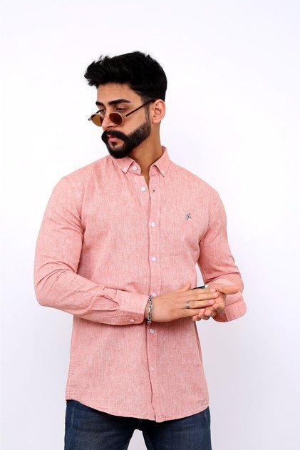 Men's Embroidery Detailed Linen Shirt-k. Pink Hmd0003