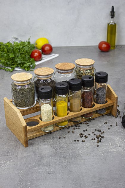 Aren 10-Piece Wooden Spice Set, 10-Piece Spice Set with Wooden Stand and Vacuum Lid
