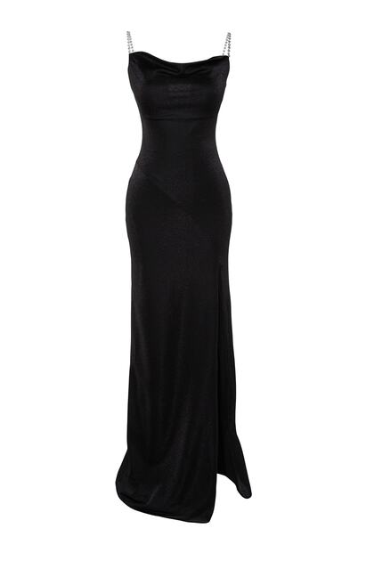Trendyol Collection Black Lined Knitted Long Stylish Evening Graduation  Dress with Shiny Accessories- Trendyol