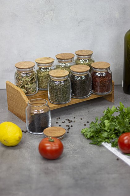 Dizayn Mion 8-Piece Wooden Spice Rack Set, Wooden Stand, Vacuum Lid 8-Piece Spice Rack Set