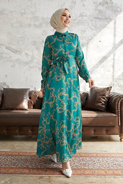 InStyle Ruby Chain Patterned Belted Satin Dress - Petrol Green- Trendyol InStyle Ruby Chain Patterned Belted Satin Dress - Petrol Green- Trendyol