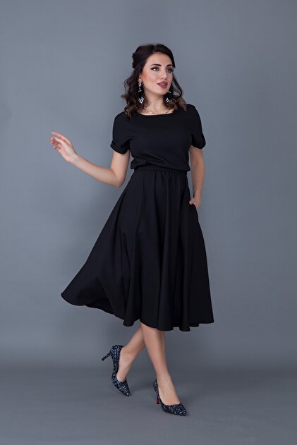 Bidoluelbise Women's Black Elastic Waist Pocket Bat Sleeve Midi Dress-  Trendyol