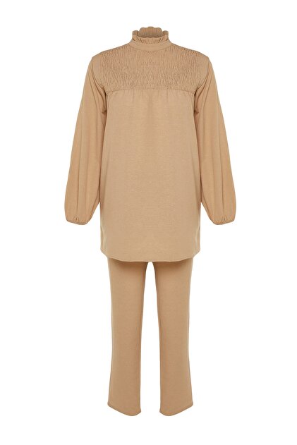 Trendyol Modest Beige Gipe Detailed Linen Look Tunic-Pants Set