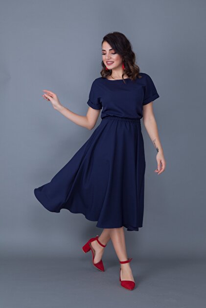 Bidoluelbise Kadın Lacivert Beli Lastikli Cepli Yarasa Kol Midi