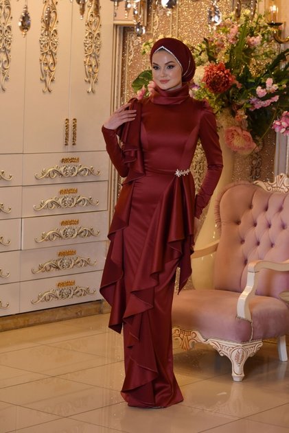 Kuğu Bordo Abiye Elbise