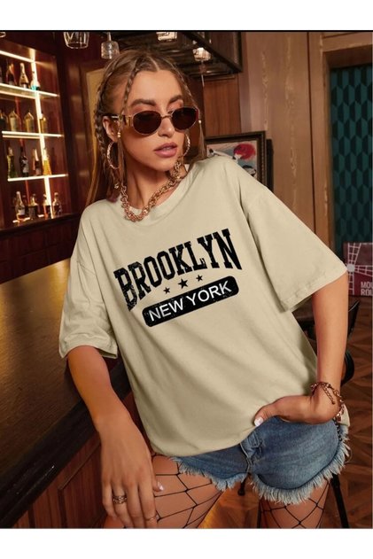 Beige Brooklyn Printed Oversize Unisex T-shirt
