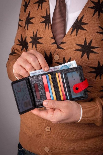 Erkek Siyah-kırmızı 2 Para Gözlü Kartlık Cüzdan Çıtçıtlı Hakiki El Yapımı %100 Deri Kartlık
