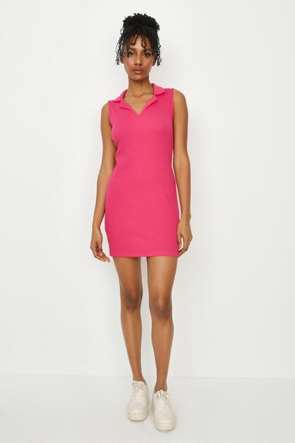 Women's Pink Collar Ribbed Knitted Dress