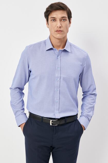 Men's Blue-white Slim Fit Narrow Cut Classic Collar Dobby Shirt