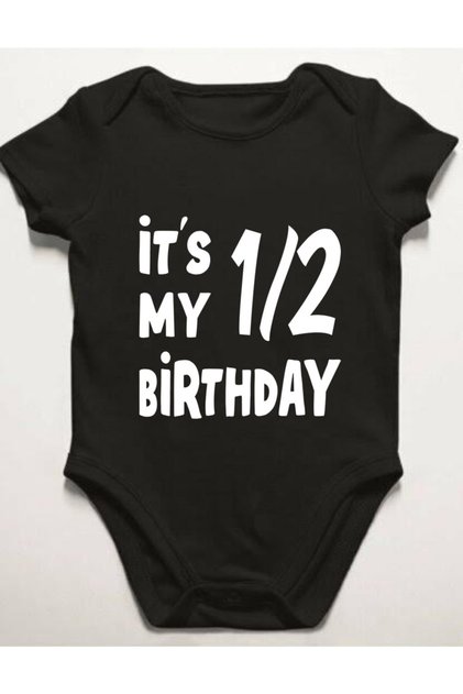 Baby Black 6 Months Birthday Printed Short Sleeve Bodysuit