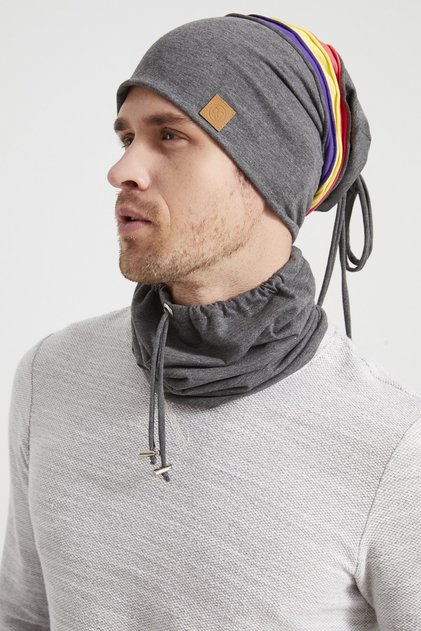 Men's Smoked, Vibrant Color Pieces, 4 Seasons Hat, Beret and Neck Collar Set with Rope Detail, Soft Natural Combed Cotton