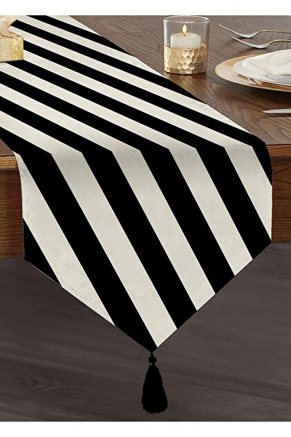 Black and White Striped Digital Printed Special Design Tasseled Chenille Triangle Runner