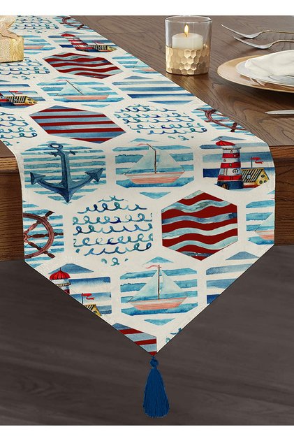 Anchor Patterned Digital Printed Special Design Tasseled Chenille Triangle Runner