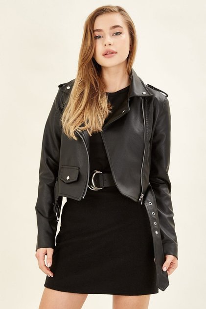 Women's Black Zipper Detailed Leather Jacket