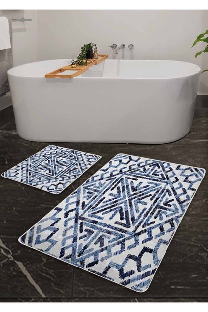 Non-Slip Base Washable 2-Piece Bath Mat - Blue Afitap Patterned 60*100 Cm - 50*60 Cm