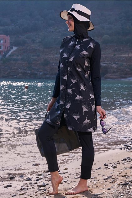 Women's Long Sleeve Zippered Woven Black Full Hijab Swimsuit 2c3t1n19-1