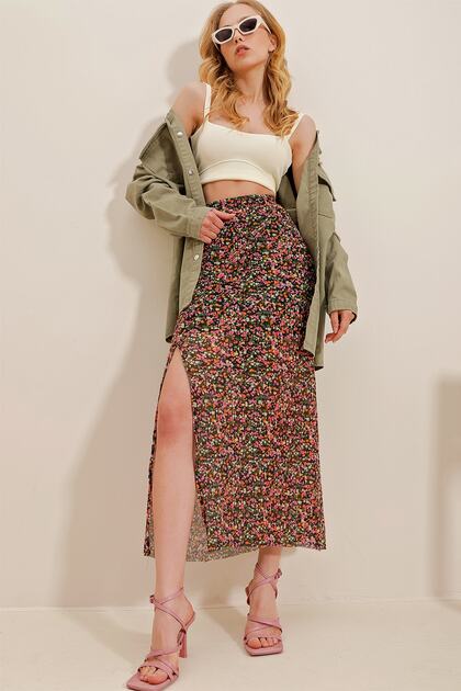 Women's Mix Slit Lined Patterned Tulle Chiffon Skirt ALC-X10168