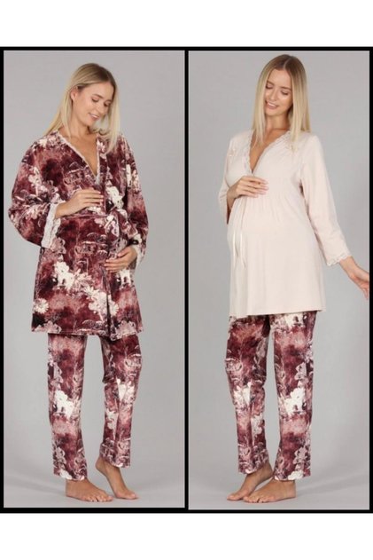 5301 Beige Velvet Maternity 3-Piece Pajamas Dressing Gown Tk