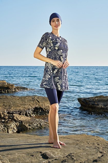 Women's Half Sleeve Lycra Hijab Navy Blue Swimsuit 2c3t1n23-4