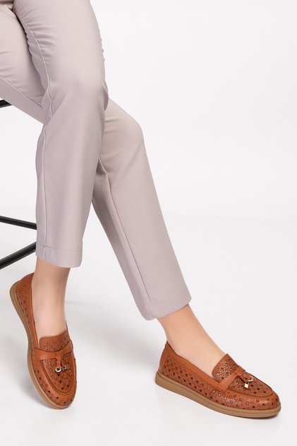 Women's Tan Genuine Leather Loafer Shoes