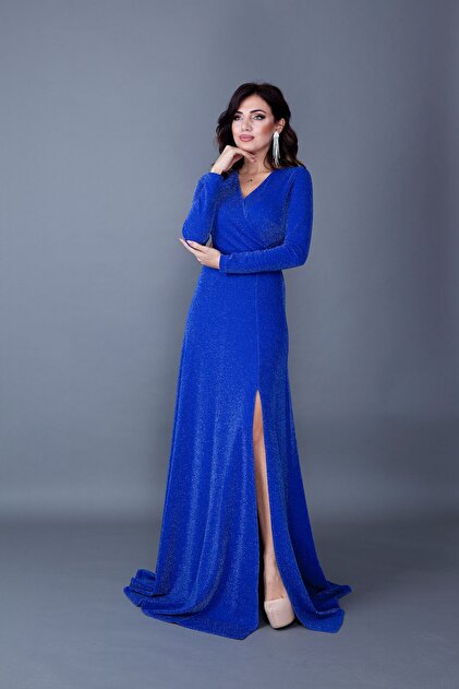 Bidoluelbise Women's Stretchy Glitter Fabric Double Breasted Collar Slit Maxi Length Long Sleeve Evening Dress- Trendyol Bidoluelbise Women's Stretchy Glitter Fabric Double Breasted Collar Slit Maxi Length Long Sleeve Evening Dress- Trendyol